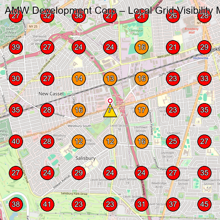 AMW Development Corp GeoGrid visibility map for General Contractor in Levittown